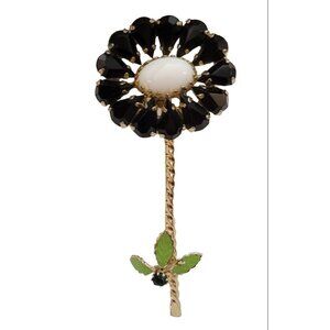 Black White Prong Set Rhinestone Long Stem Flower Brooch, M802